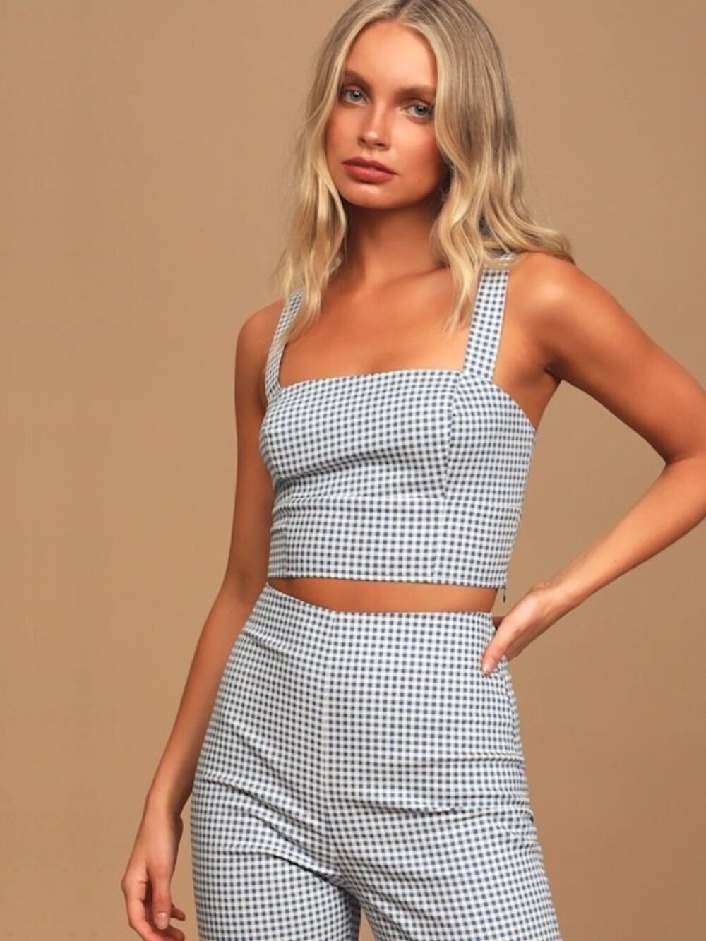 2/$30 Lulus Follow The Sun Blue Gingham Crop Top Medium #A2621